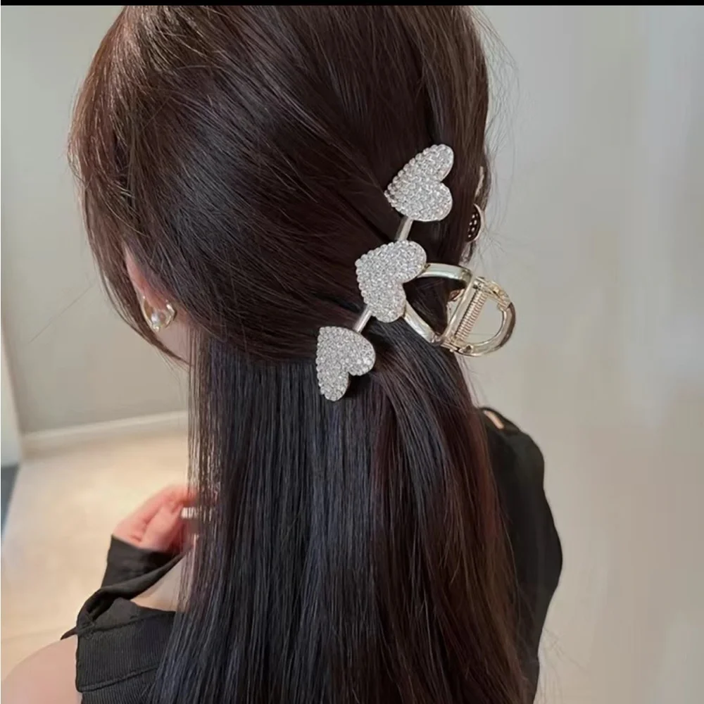Gold Pearl & Silver Heart Rhinestone Hair Clips